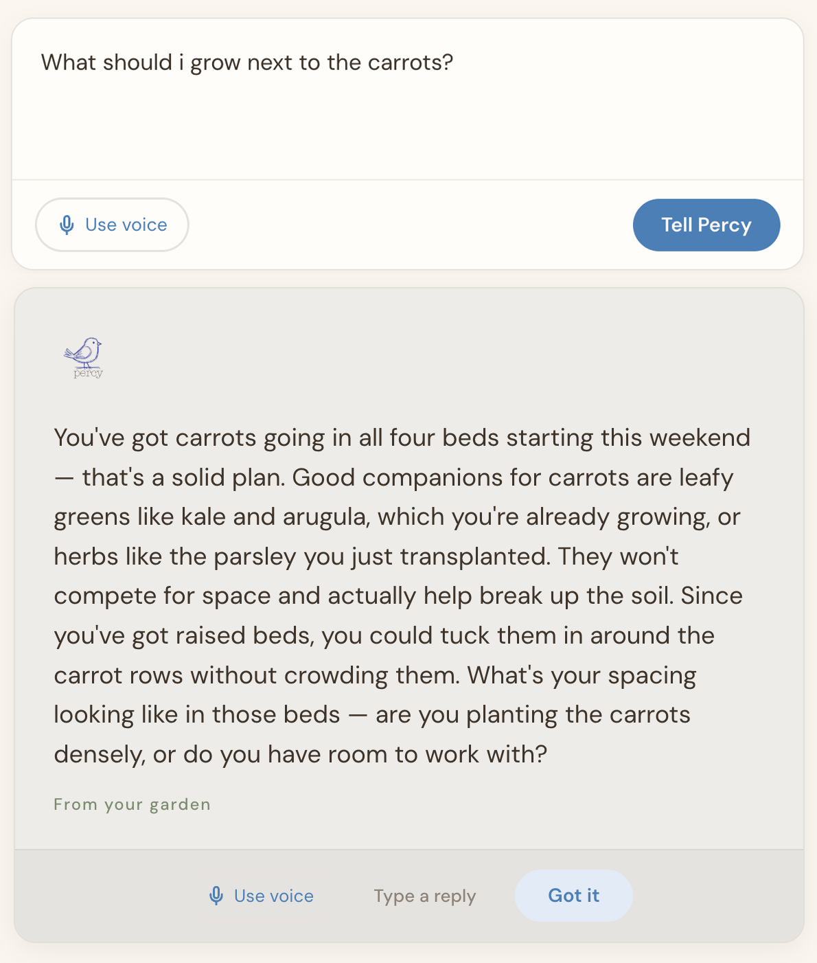 Percy answers a companion planting question using knowledge of your specific garden