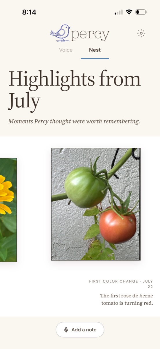 The Percy app's Nest screen, titled Highlights from July, with the subtitle Moments Percy thought were worth remembering, showing photo cards including a rose de berne tomato just turning red, captioned First color change, July 22