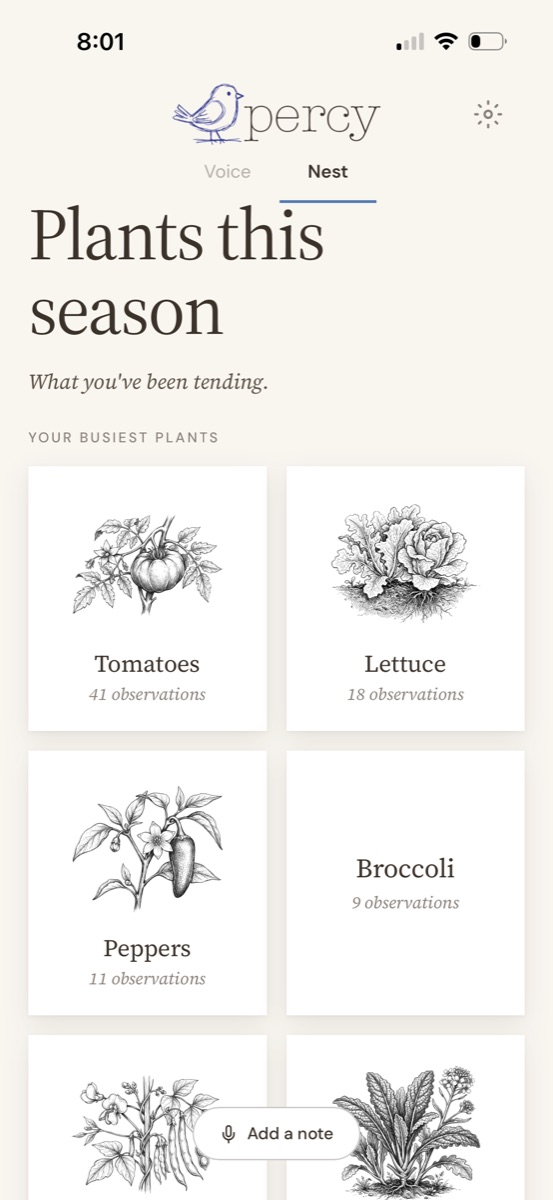 The Percy app's Nest screen, titled Plants this season, showing a grid of cards with detailed botanical line drawings of tomatoes, lettuce, peppers and broccoli, each labeled with its number of observations