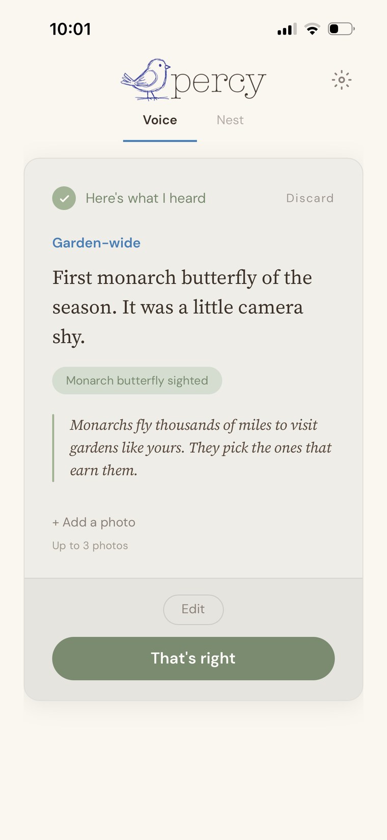 The Percy app's Voice screen confirming a logged observation titled First monarch butterfly of the season, tagged Monarch butterfly sighted