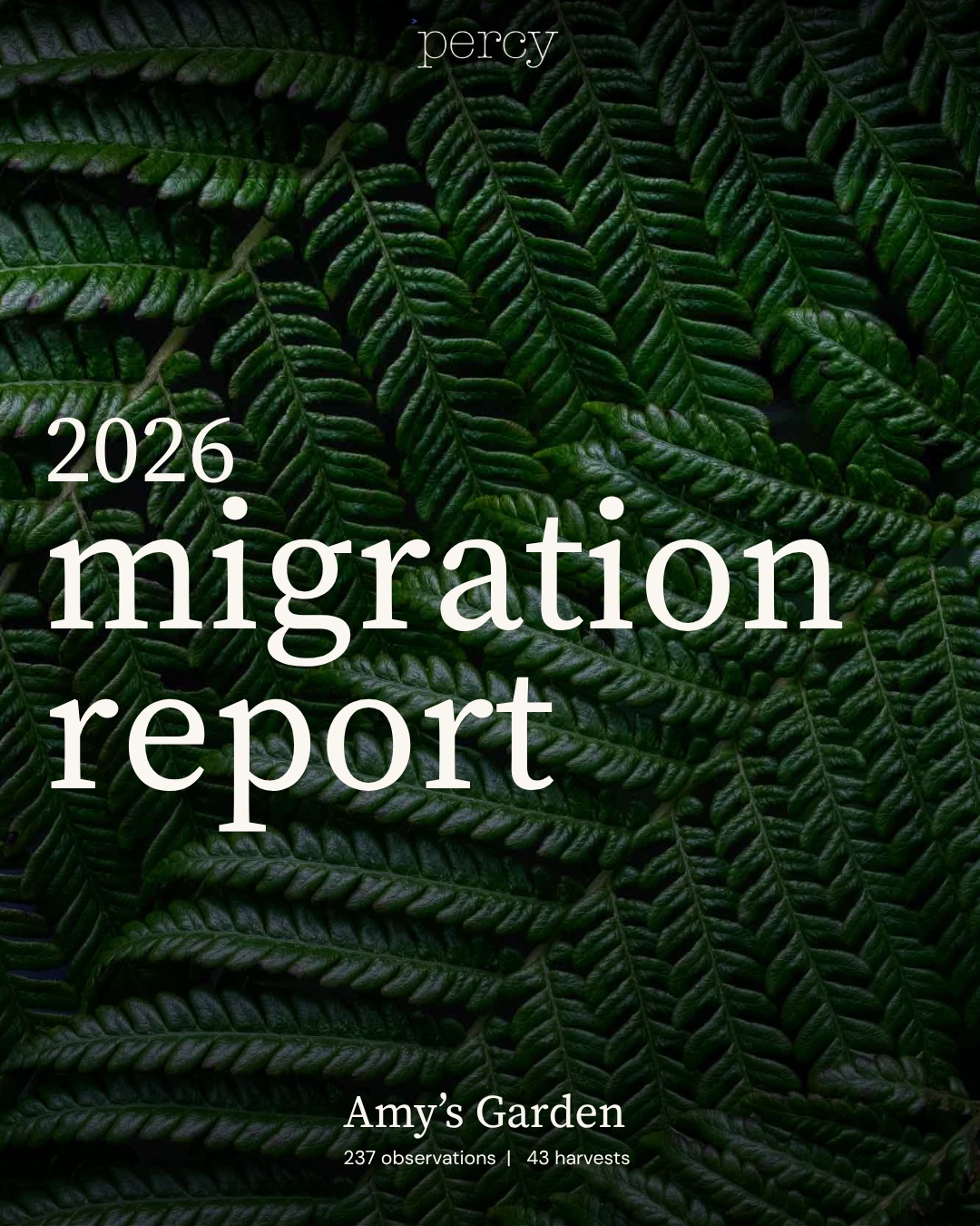 A Percy Migration Report cover — '2026 Migration Report,' a full season of one garden gathered over dark fern fronds